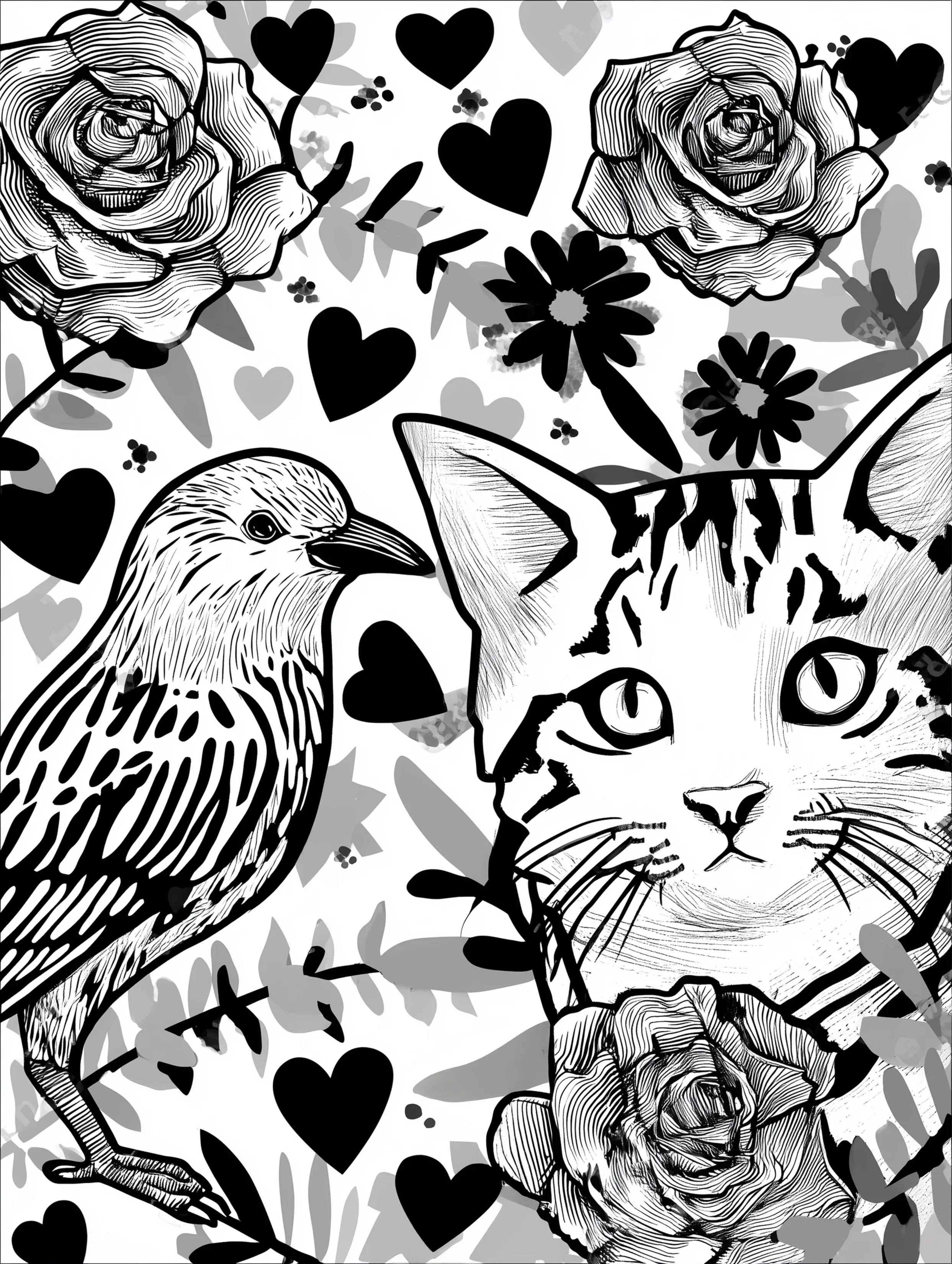 Free printable coloring page for adults featuring a cat and bird with heart details